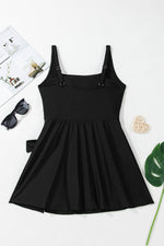 Load image into Gallery viewer, Black Side Tied Waist Square Neck Adjustable Straps A-line One Piece Swim Dress - Fashion Queen -  14
