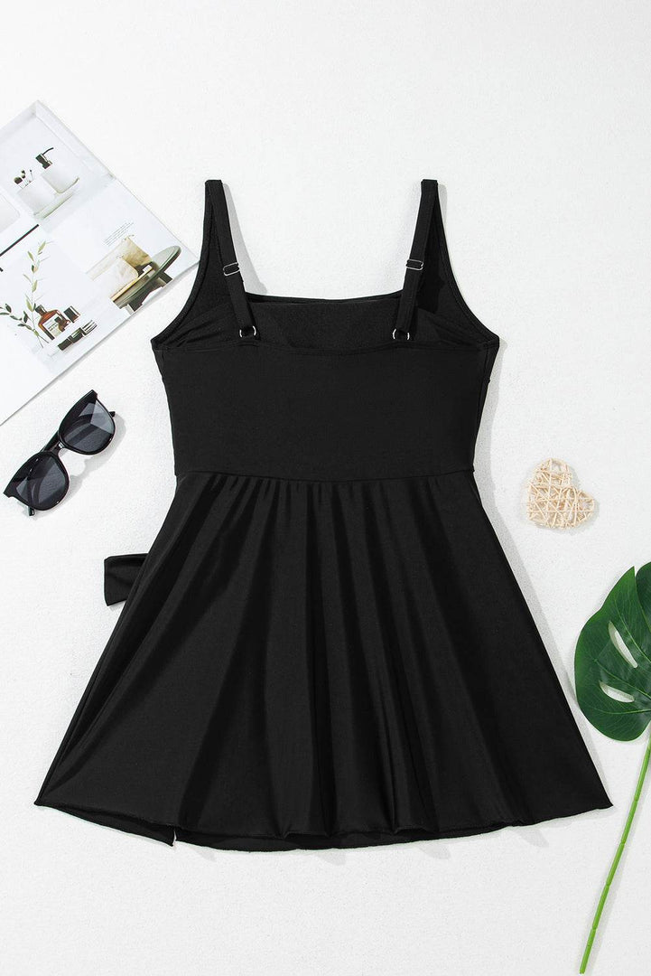 Black Side Tied Waist Square Neck Adjustable Straps A-line One Piece Swim Dress - Fashion Queen -  14