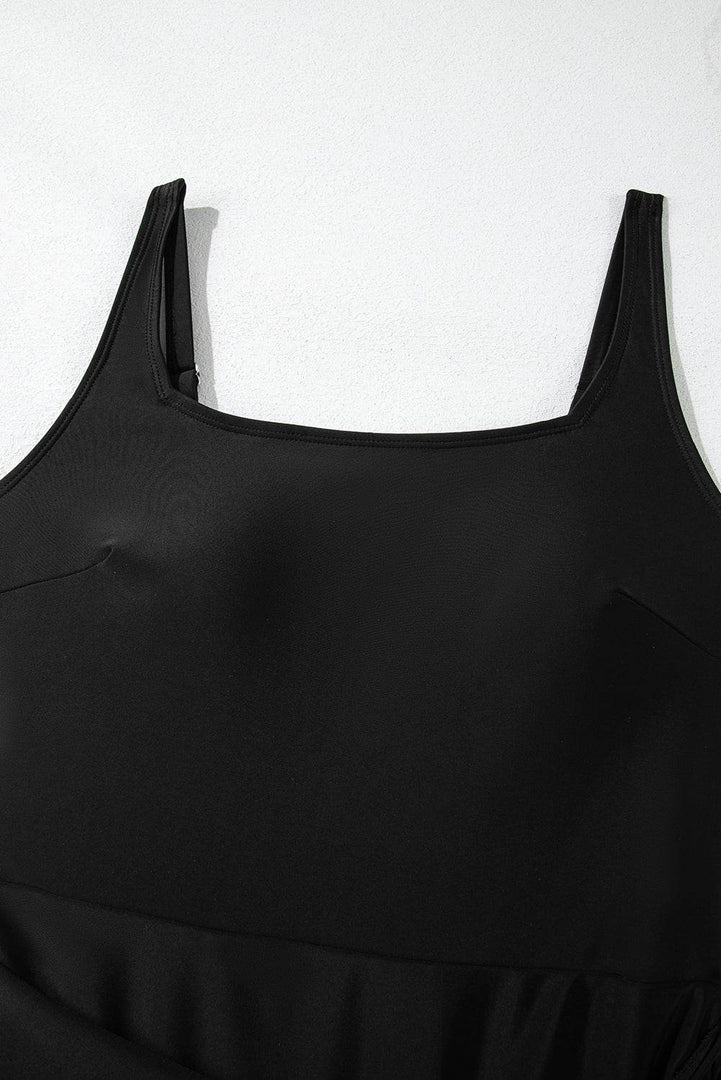 Black Side Tied Waist Square Neck Adjustable Straps A-line One Piece Swim Dress - Fashion Queen -  15
