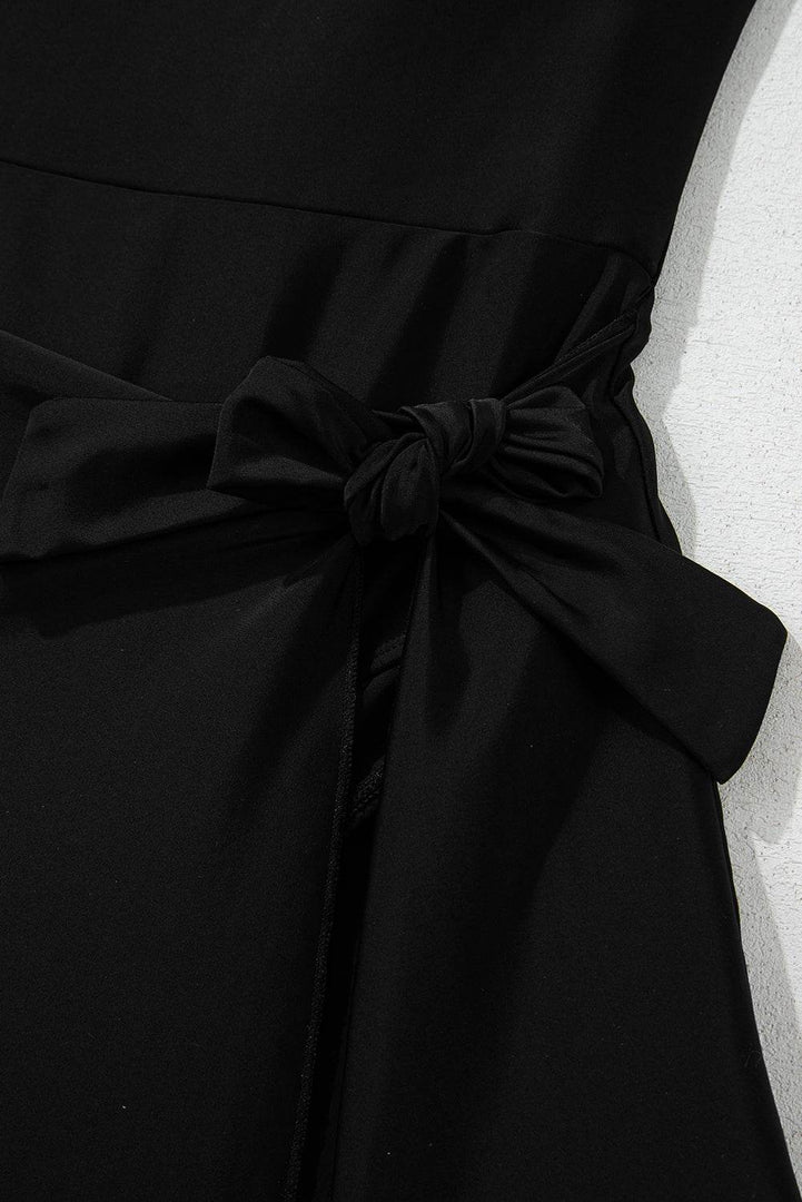 Black Side Tied Waist Square Neck Adjustable Straps A-line One Piece Swim Dress - Fashion Queen -  17