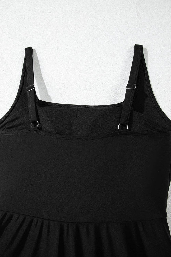 Black Side Tied Waist Square Neck Adjustable Straps A-line One Piece Swim Dress - Fashion Queen -  19