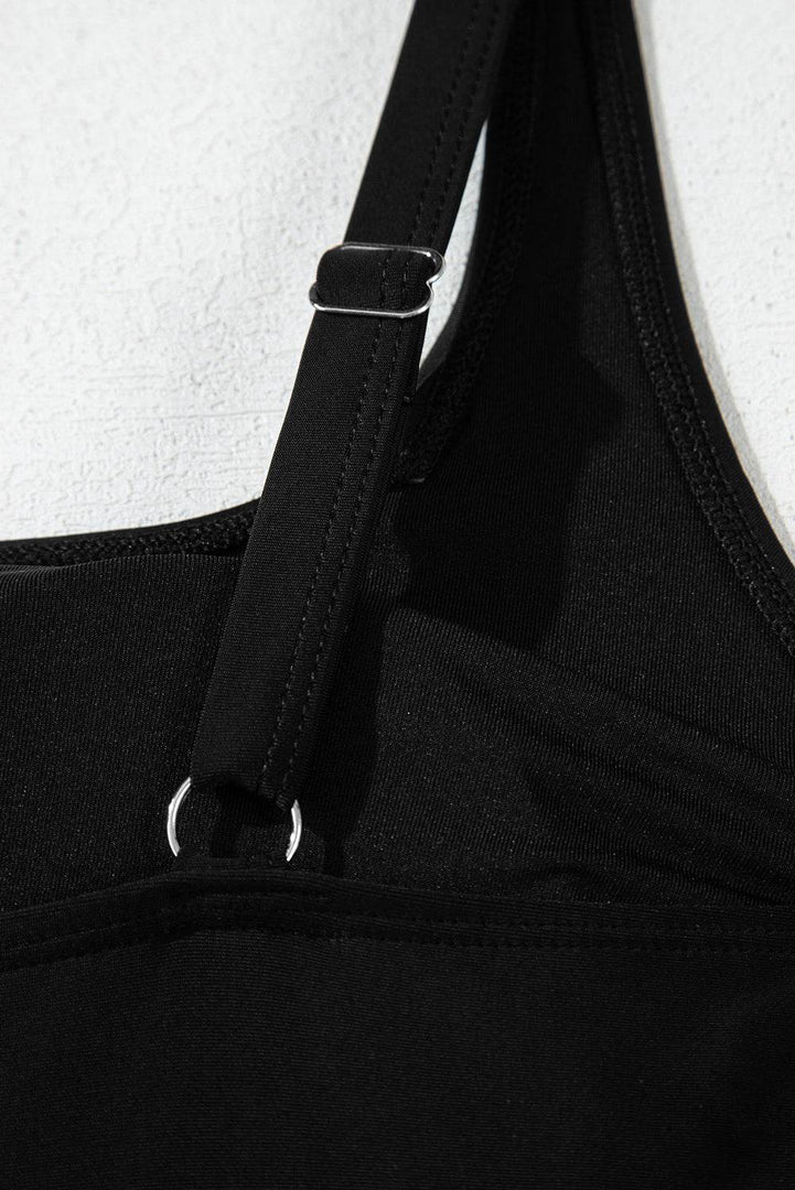 Black Side Tied Waist Square Neck Adjustable Straps A-line One Piece Swim Dress - Fashion Queen -  20