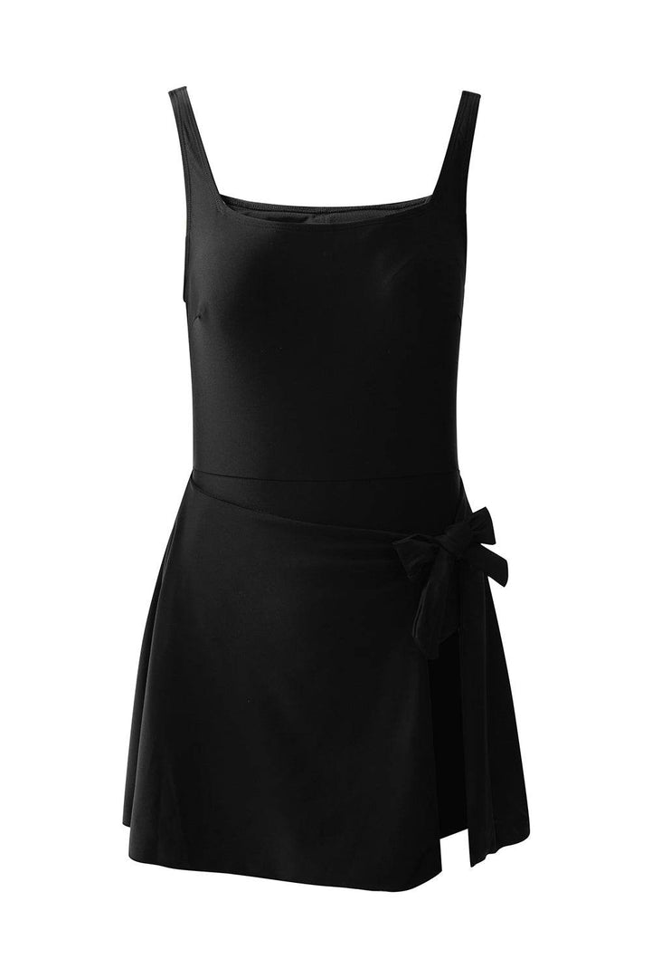 Black Side Tied Waist Square Neck Adjustable Straps A-line One Piece Swim Dress - Fashion Queen -  9