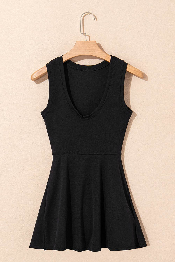 Black Sleeveless Knot Skirt Hem Sports Romper - Fashion Queen -  3