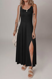 Black Sleeveless Scoop Neck Flared Split Midi Dress - Fashion Queen -  1