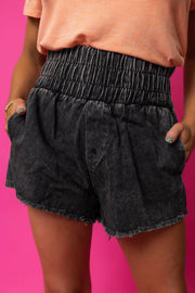 Black Smocked High Waist Mineral Washed Jean Shorts - Fashion Queen -  1