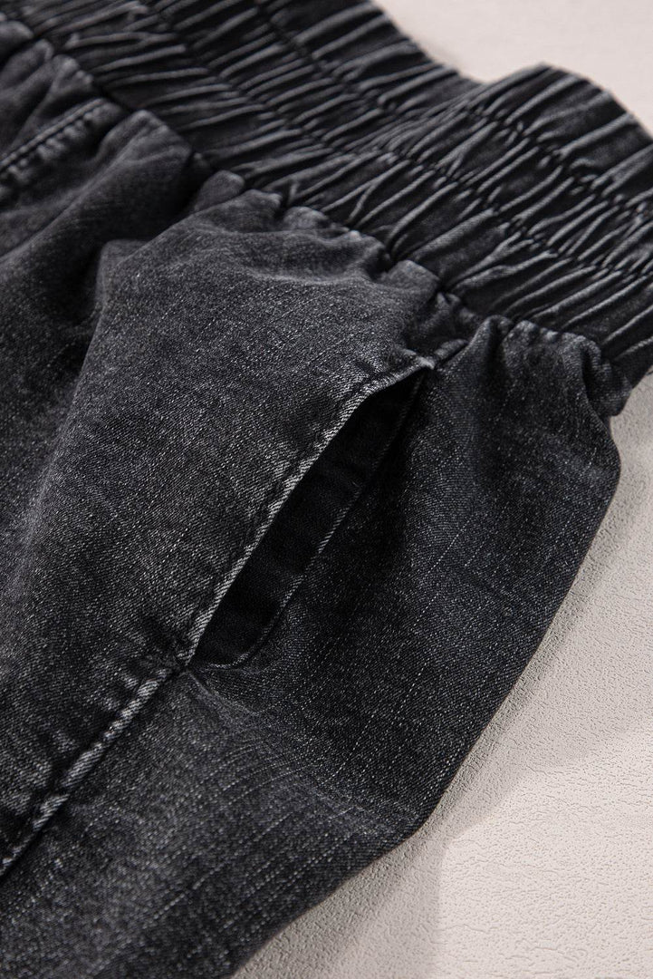 Black Smocked High Waist Mineral Washed Jean Shorts - Fashion Queen -  10