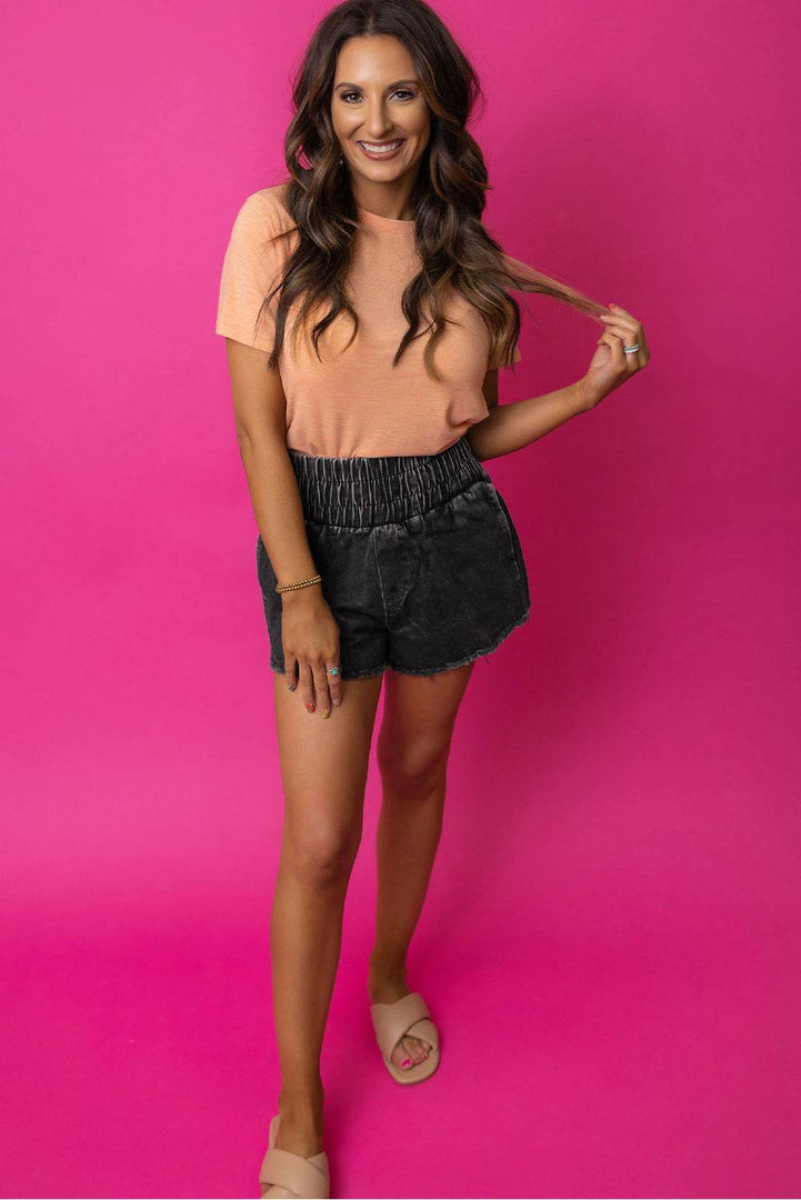 Black Smocked High Waist Mineral Washed Jean Shorts - Fashion Queen -  3
