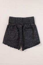 Load image into Gallery viewer, Black Smocked High Waist Mineral Washed Jean Shorts - Fashion Queen -  4
