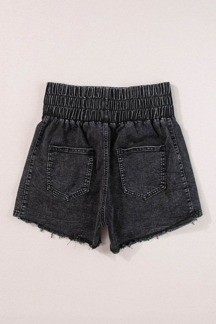 Black Smocked High Waist Mineral Washed Jean Shorts - Fashion Queen -  4
