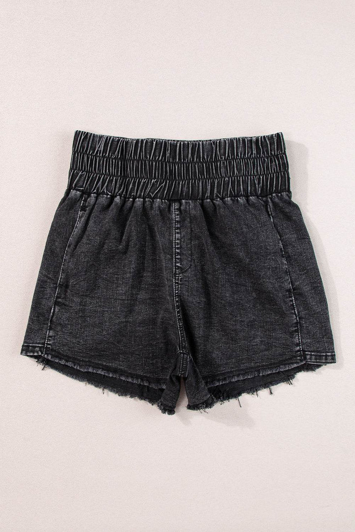 Black Smocked High Waist Mineral Washed Jean Shorts - Fashion Queen -  5