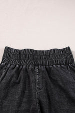 Load image into Gallery viewer, Black Smocked High Waist Mineral Washed Jean Shorts - Fashion Queen -  6
