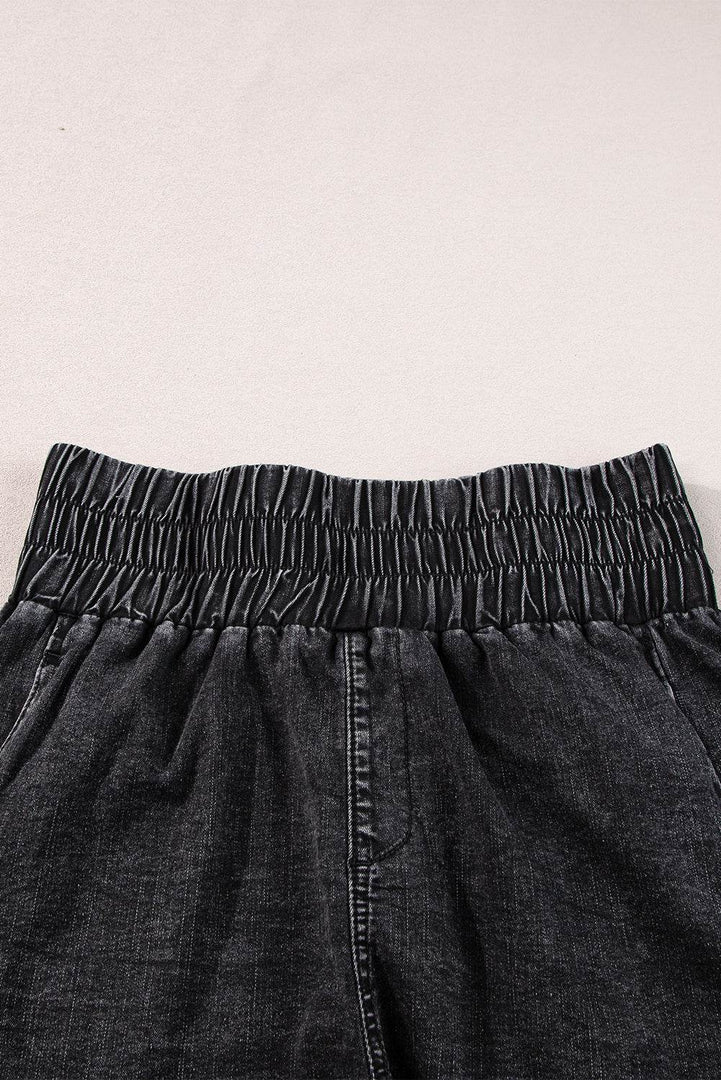 Black Smocked High Waist Mineral Washed Jean Shorts - Fashion Queen -  6