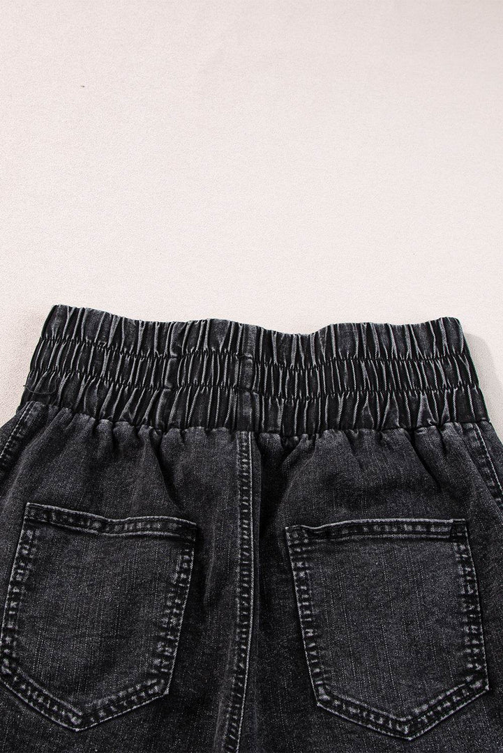 Black Smocked High Waist Mineral Washed Jean Shorts - Fashion Queen -  7