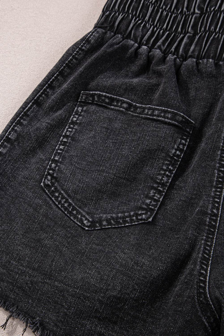Black Smocked High Waist Mineral Washed Jean Shorts - Fashion Queen -  8