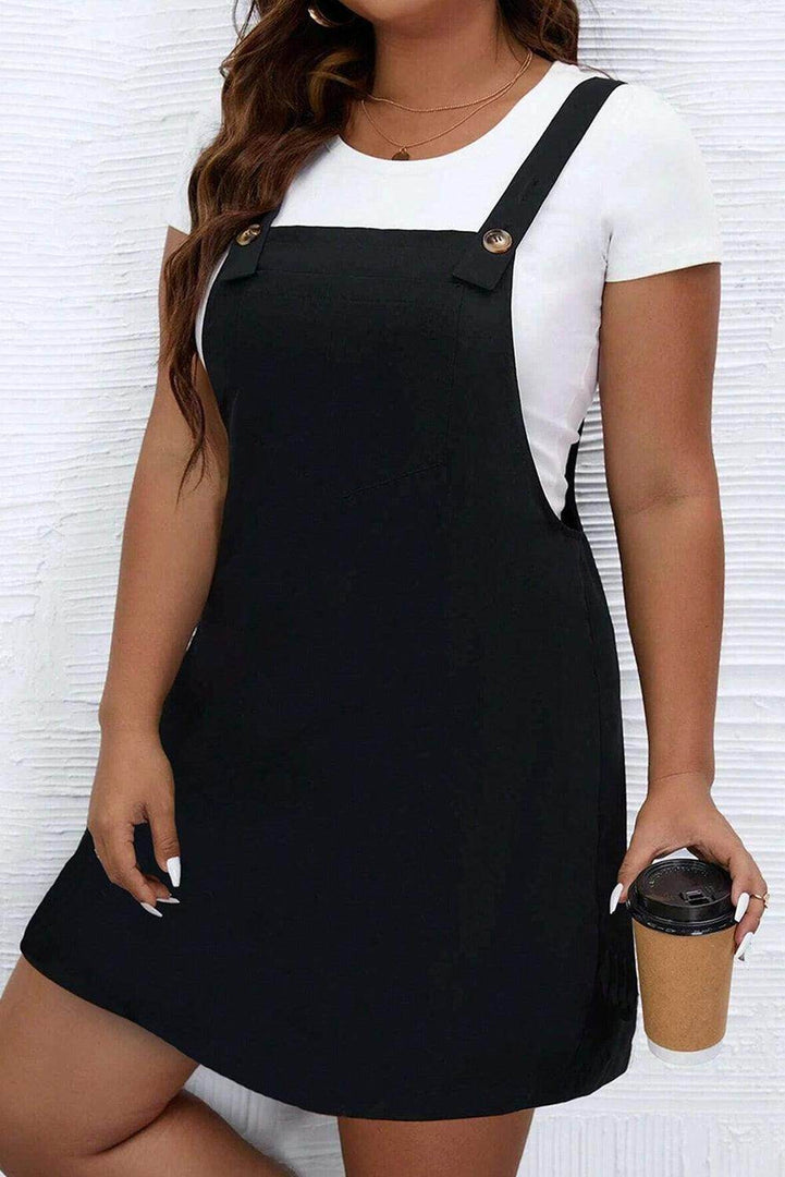 Black Solid Buttoned Straps Plus Size Overall Dress - Fashion Queen -  5