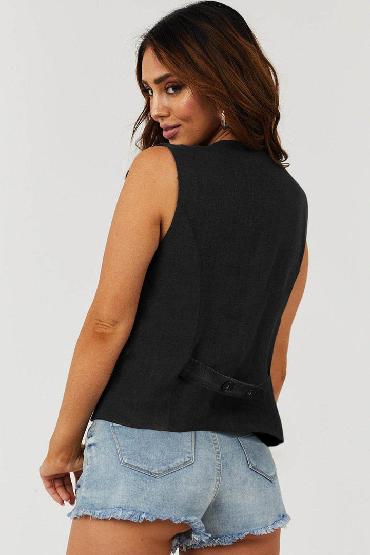 Black Solid Color Button up V Neck Suit Vest - Fashion Queen -  30