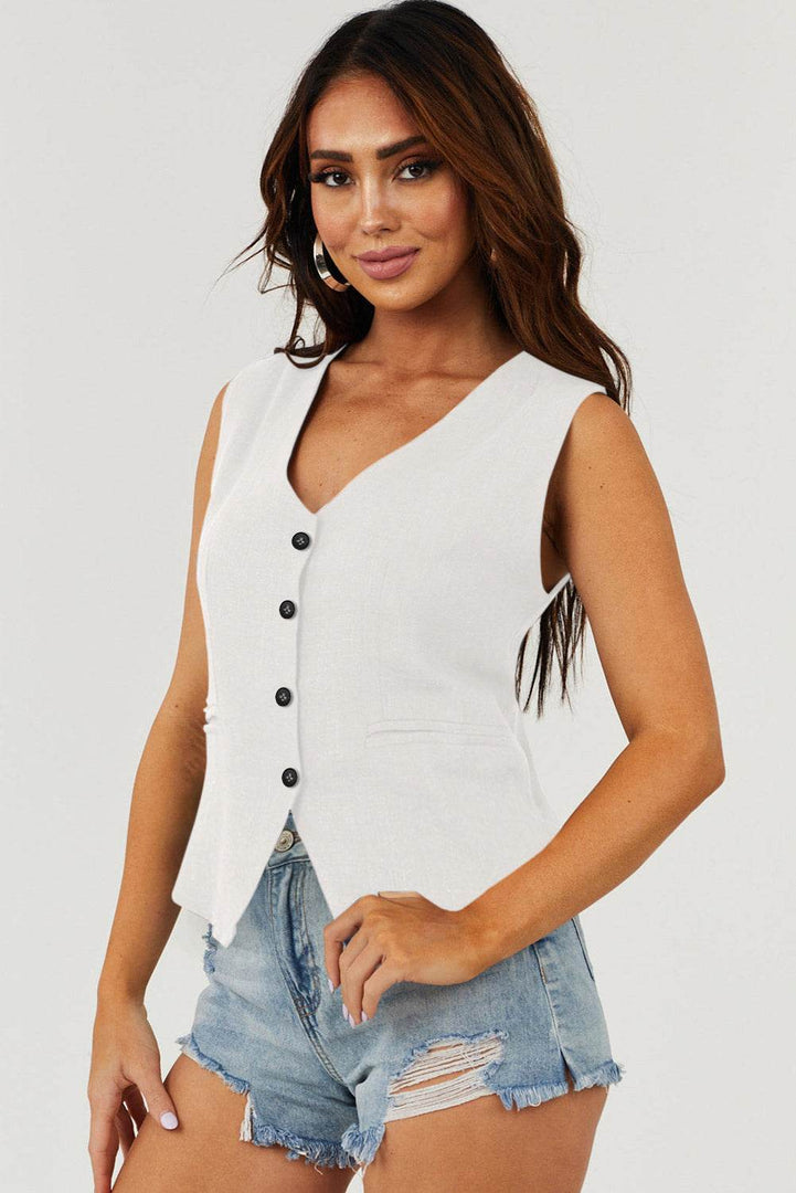 Black Solid Color Button up V Neck Suit Vest - Fashion Queen -  6