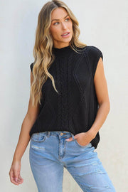 Black Solid Color Cable Knit High Neck Sweater Vest - Fashion Queen -  1