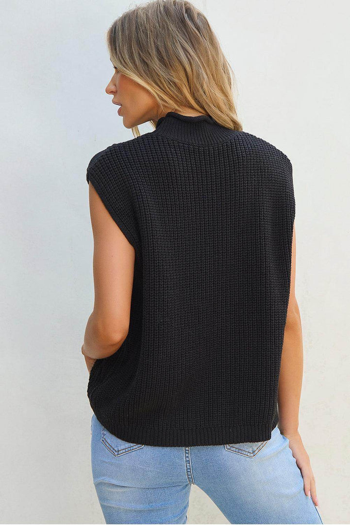 Black Solid Color Cable Knit High Neck Sweater Vest - Fashion Queen -  2