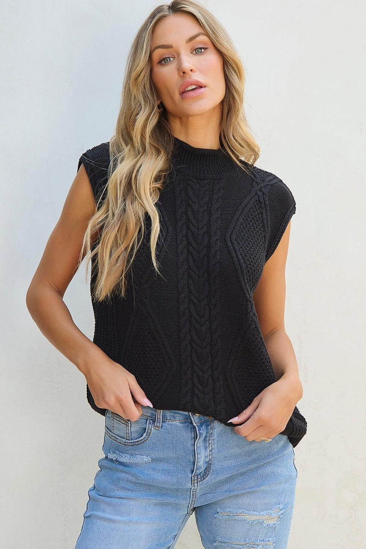 Black Solid Color Cable Knit High Neck Sweater Vest - Fashion Queen -  4