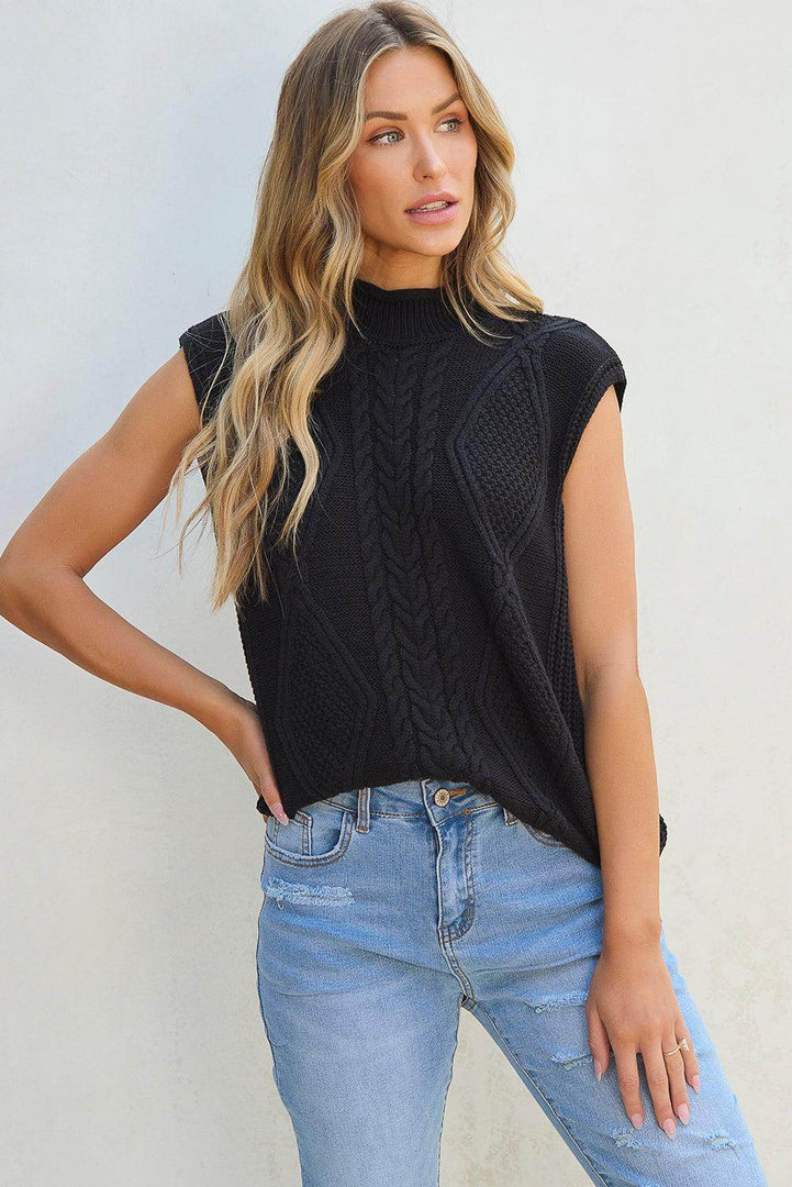 Black Solid Color Cable Knit High Neck Sweater Vest - Fashion Queen -  5