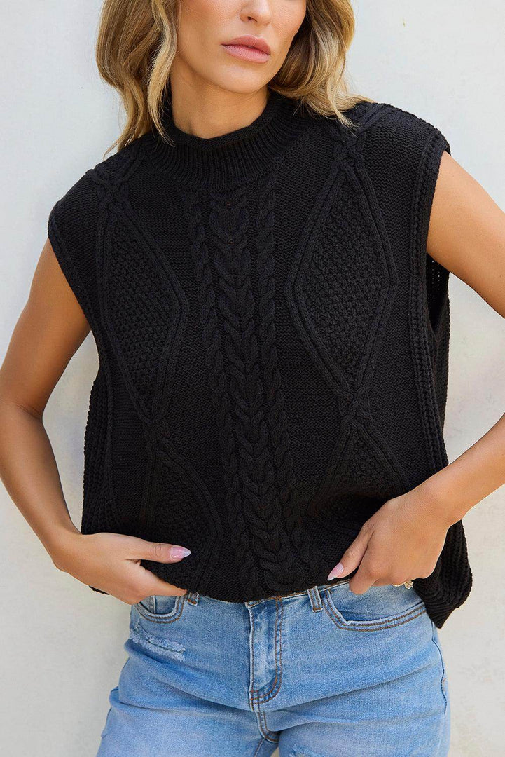 Black Solid Color Cable Knit High Neck Sweater Vest - Fashion Queen -  6