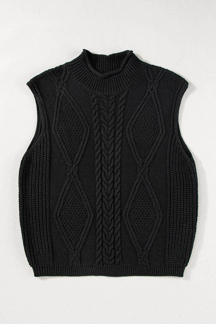 Black Solid Color Cable Knit High Neck Sweater Vest - Fashion Queen -  8