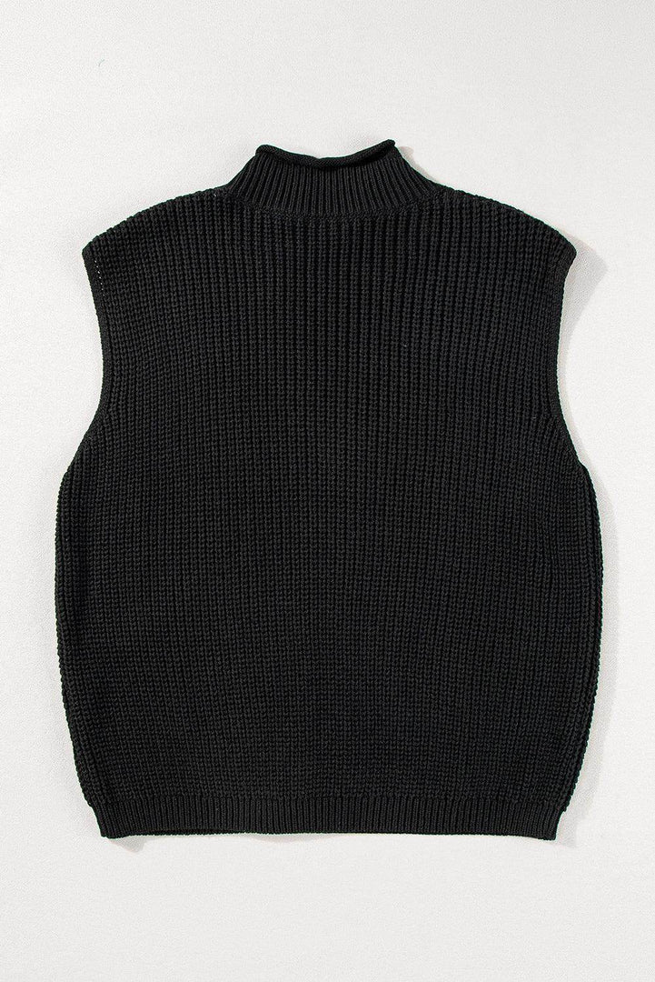 Black Solid Color Cable Knit High Neck Sweater Vest - Fashion Queen -  9