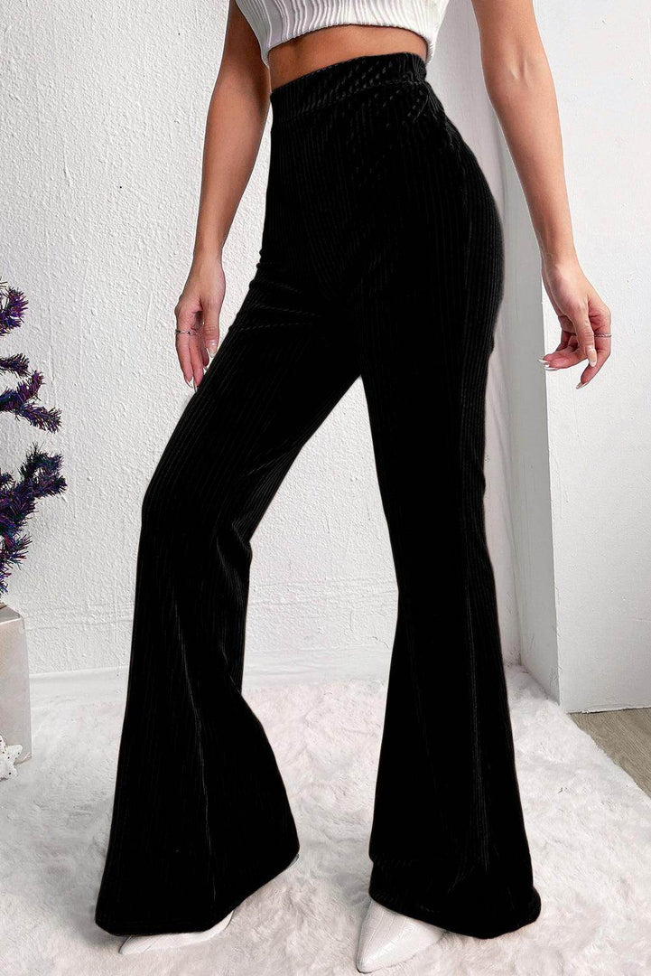 Black Solid Color High Waist Flare Corduroy Pants - Fashion Queen -  3