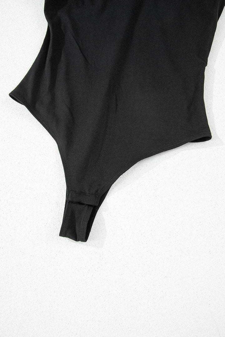 Black Solid Color Pleated One Shoulder Bodysuit - Fashion Queen -  10