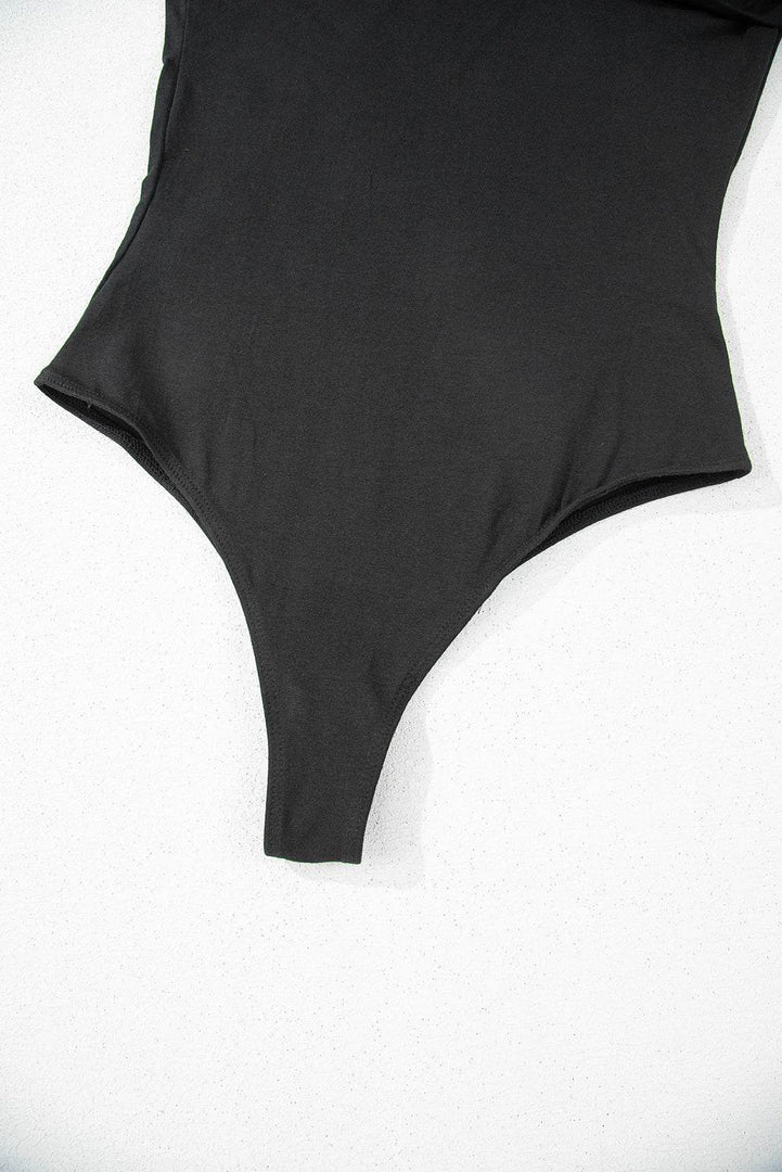 Black Solid Color Pleated One Shoulder Bodysuit - Fashion Queen -  11