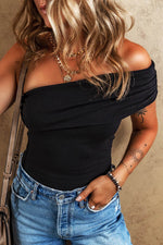 Load image into Gallery viewer, Black Solid Color Pleated One Shoulder Bodysuit - Fashion Queen -  4
