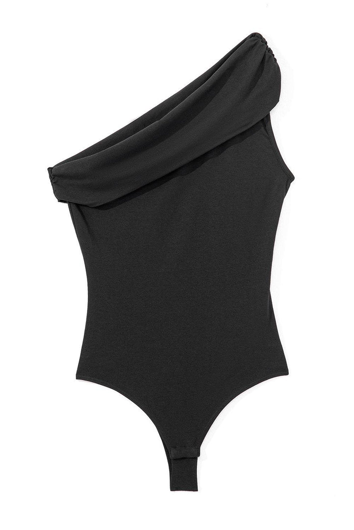 Black Solid Color Pleated One Shoulder Bodysuit - Fashion Queen -  6