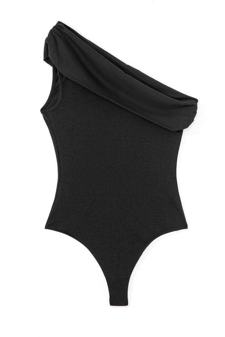 Black Solid Color Pleated One Shoulder Bodysuit - Fashion Queen -  7