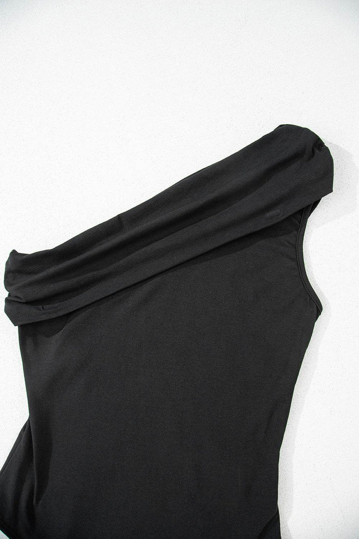 Black Solid Color Pleated One Shoulder Bodysuit - Fashion Queen -  8