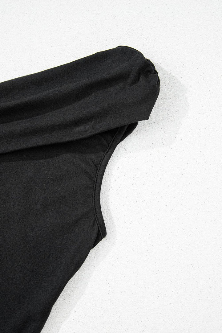 Black Solid Color Pleated One Shoulder Bodysuit - Fashion Queen -  9