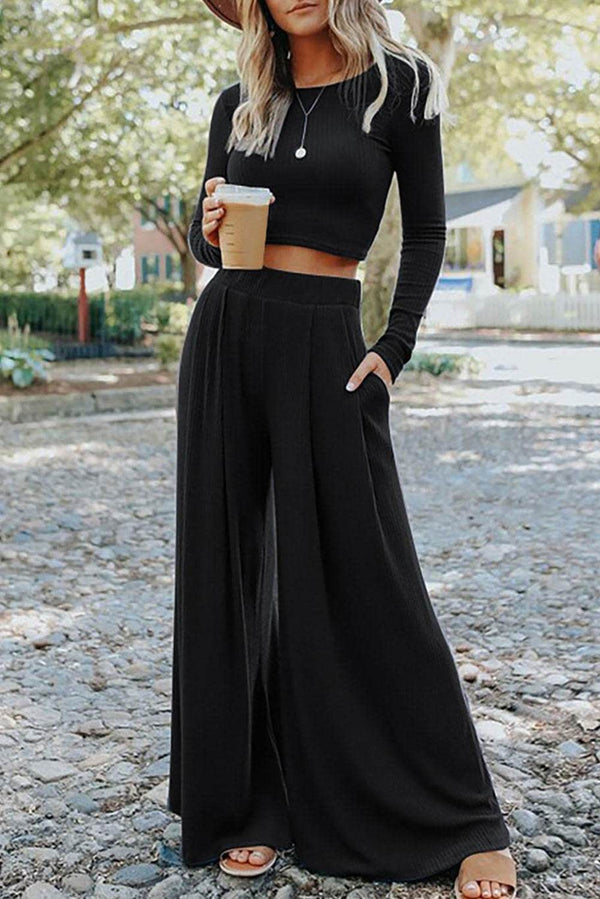 Black Solid Color Ribbed Crop Top Long Pants Set - Fashion Queen -  1