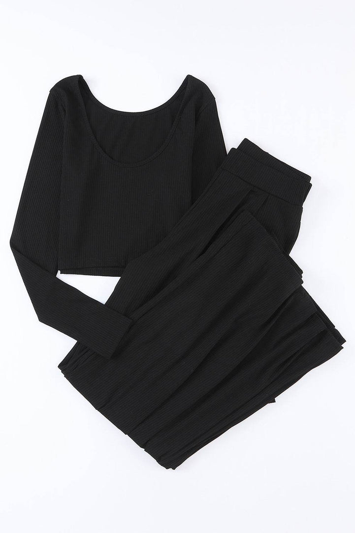 Black Solid Color Ribbed Crop Top Long Pants Set - Fashion Queen -  19