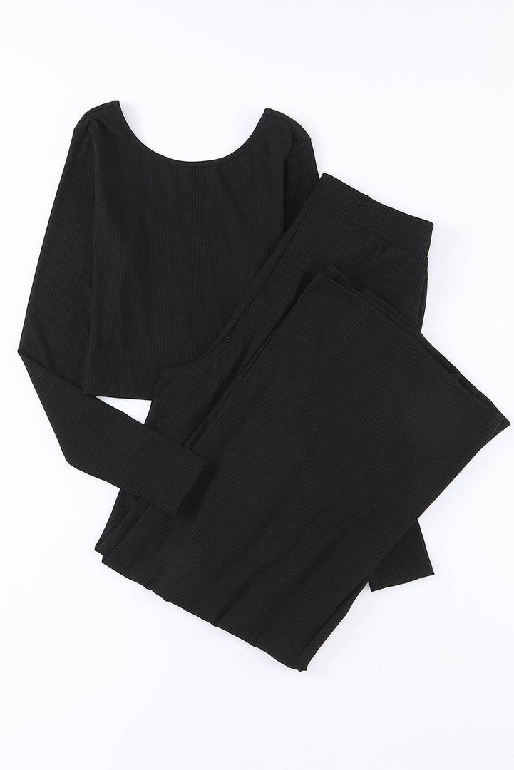 Black Solid Color Ribbed Crop Top Long Pants Set - Fashion Queen -  20