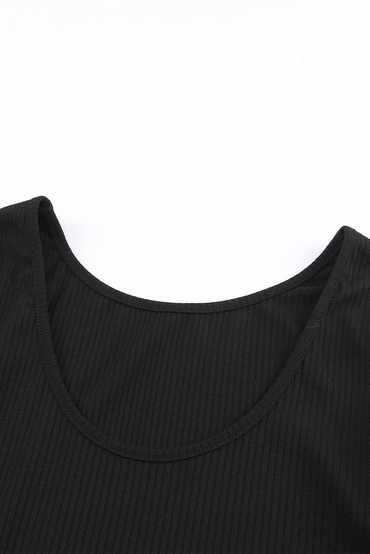 Black Solid Color Ribbed Crop Top Long Pants Set - Fashion Queen -  21