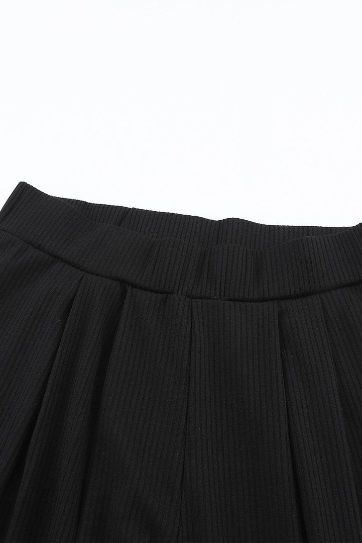 Black Solid Color Ribbed Crop Top Long Pants Set - Fashion Queen -  22