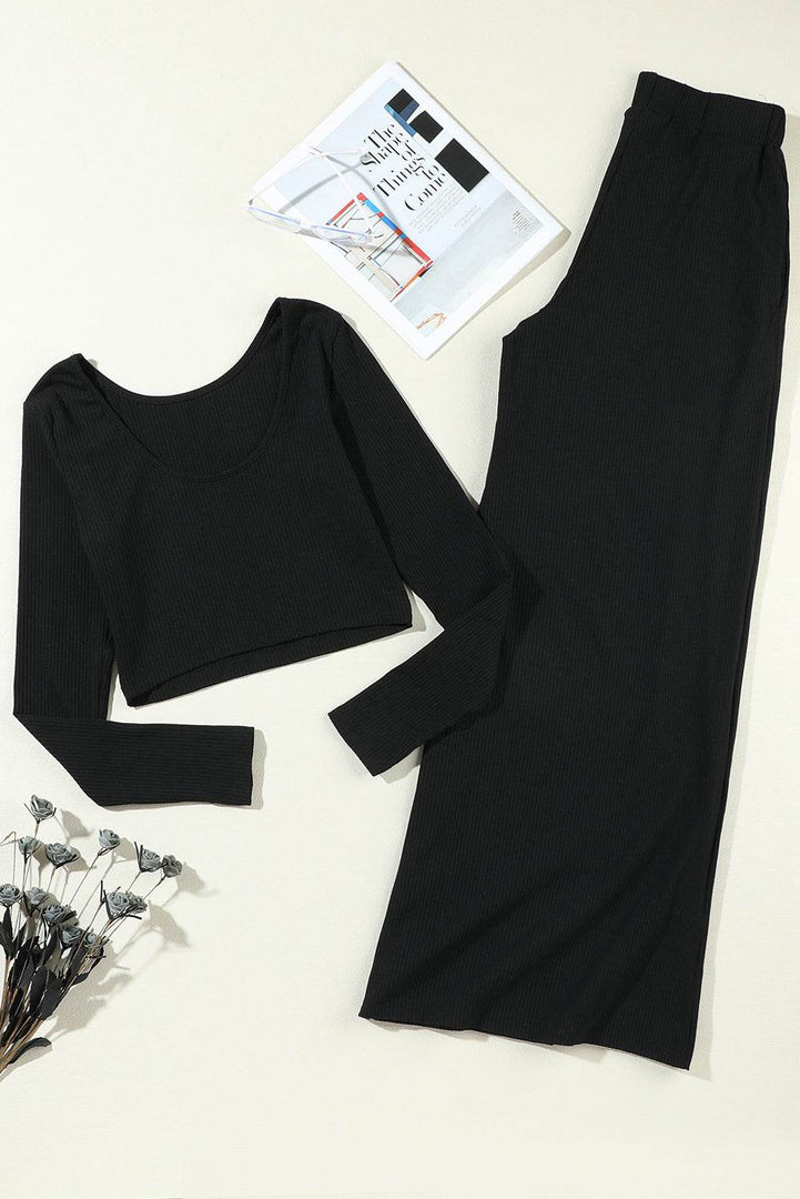 Black Solid Color Ribbed Crop Top Long Pants Set - Fashion Queen -  26