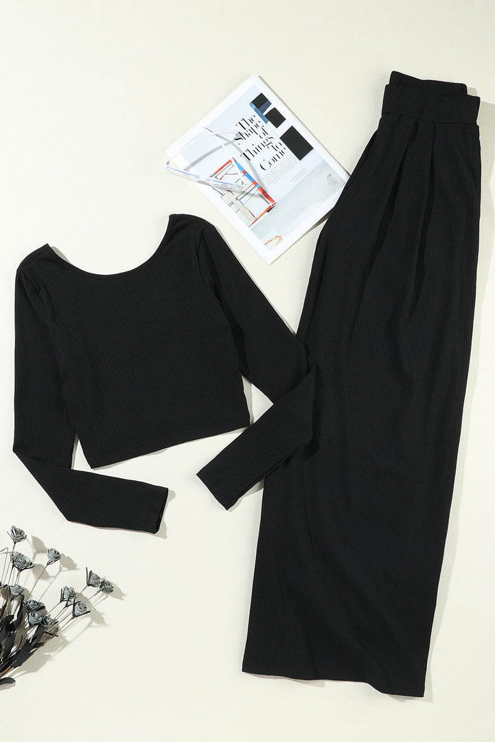 Black Solid Color Ribbed Crop Top Long Pants Set - Fashion Queen -  27
