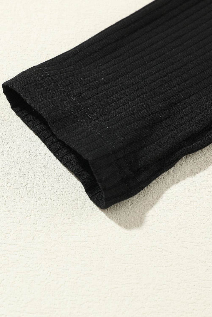 Black Solid Color Ribbed Crop Top Long Pants Set - Fashion Queen -  30