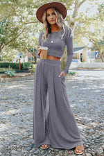 Load image into Gallery viewer, Black Solid Color Ribbed Crop Top Long Pants Set - Fashion Queen -  9
