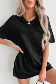 Black Solid Color Round Neck Basic Tunic T Shirt - Fashion Queen -  1