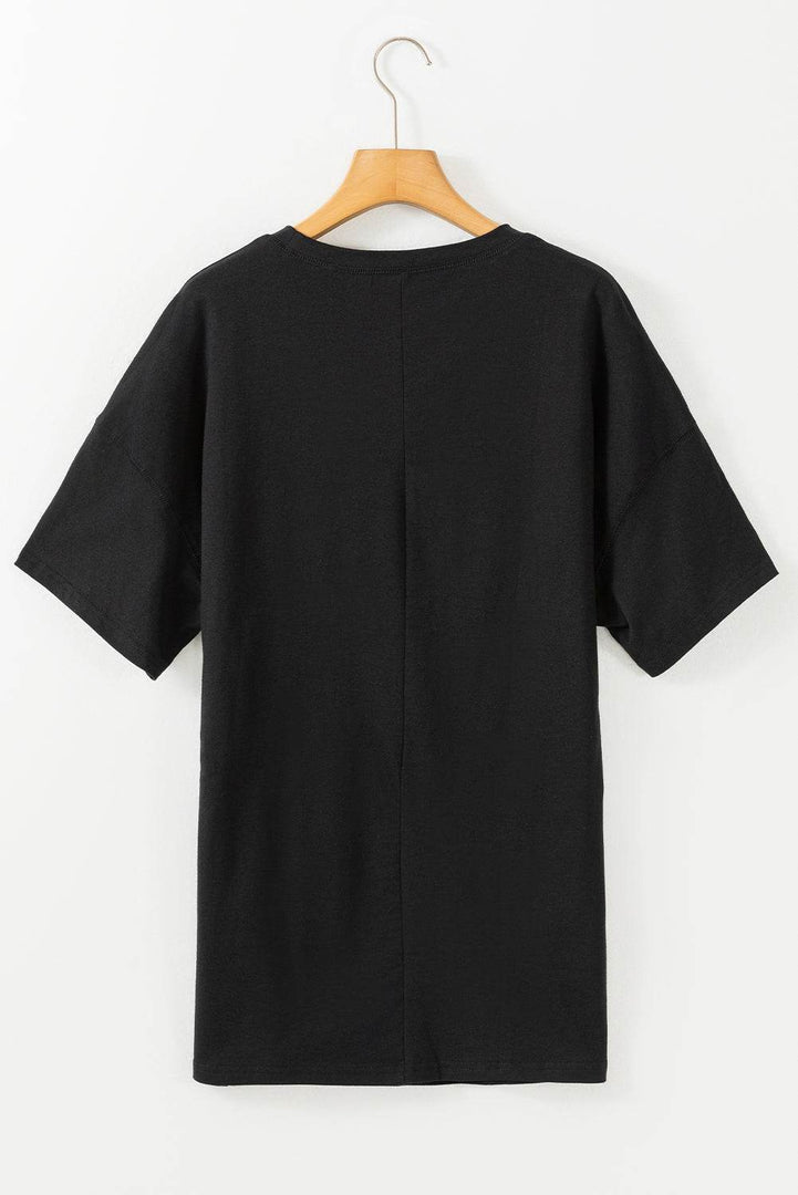 Black Solid Color Round Neck Basic Tunic T Shirt - Fashion Queen -  10
