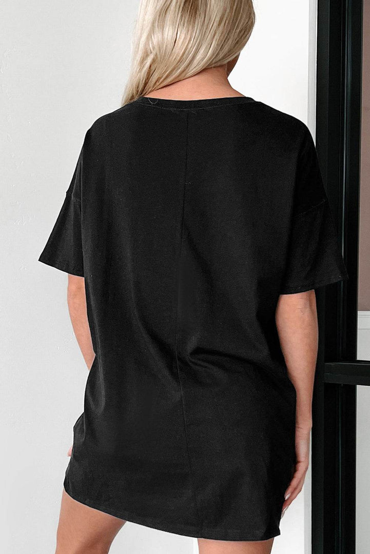 Black Solid Color Round Neck Basic Tunic T Shirt - Fashion Queen -  2