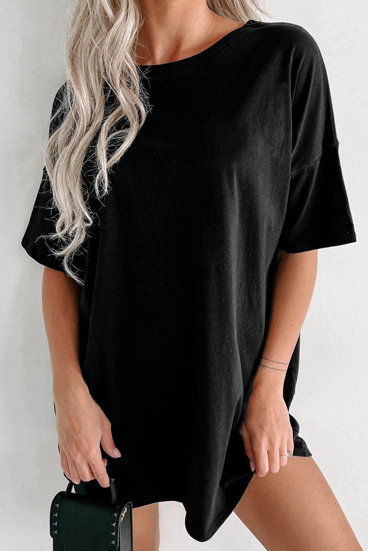 Black Solid Color Round Neck Basic Tunic T Shirt - Fashion Queen -  3